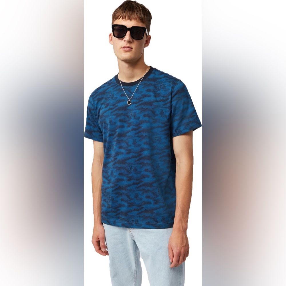 Psycho Bunny Mens Rockaway Camo Graphic Tee Aegean Sea Blue Shirt Size 7 XL NWT